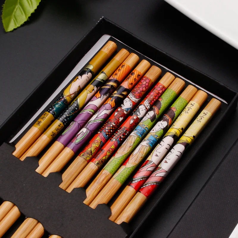 Wholesale cheap prices japanese korean style printed reusable bamboo wood sushi chopsticks bulk chopsticks
