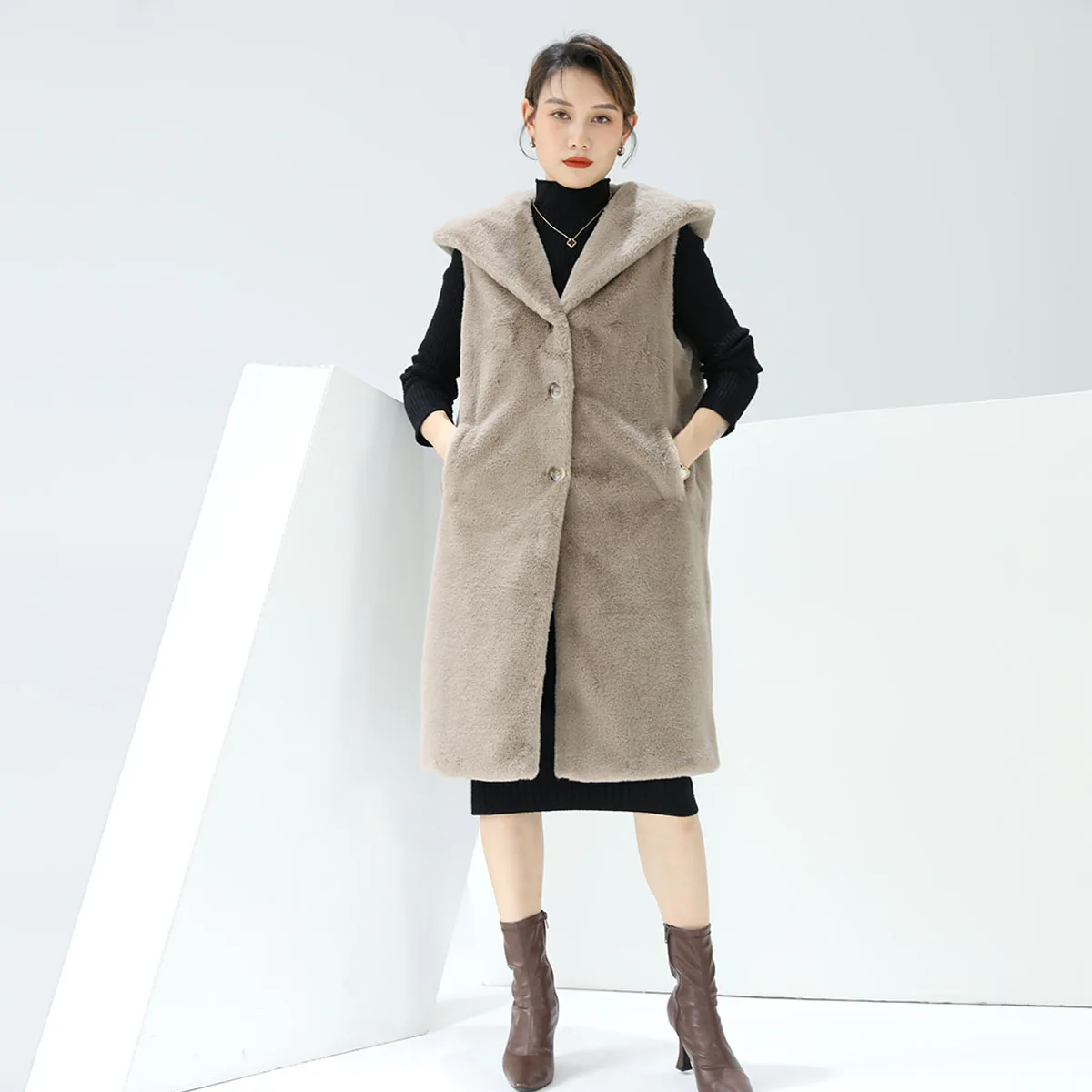 2022 fashion winter warm thick polyester khaki long faux rex rabbit fur women ladies sleeveless coats vest for hooded