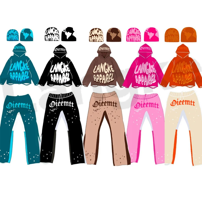 2 pieces cotton matching puff print blank stitch hoodie custom logo acid wash Crop Top Hoodie And Flare Sweatpants Set For Men