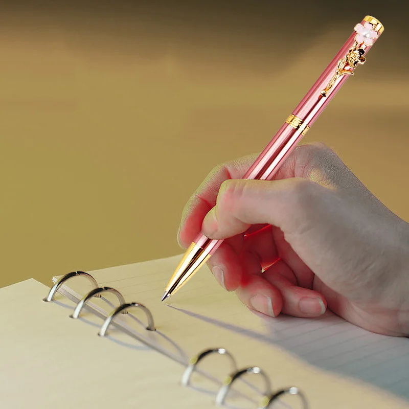 INS creative Pearl peach blossom pen Korean edition students lovely pink cherry blossom rose gold metal pen