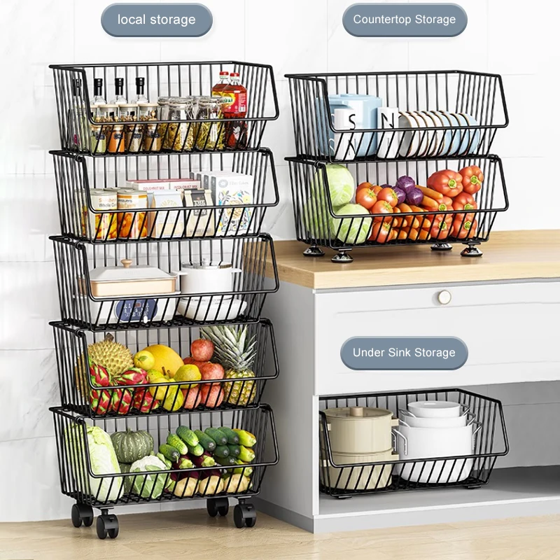 Modern 5 Layer carbon steel kitchen organizer vegetable basket shelf with universal Wheels Removable Shelving Fruit Storage Rack