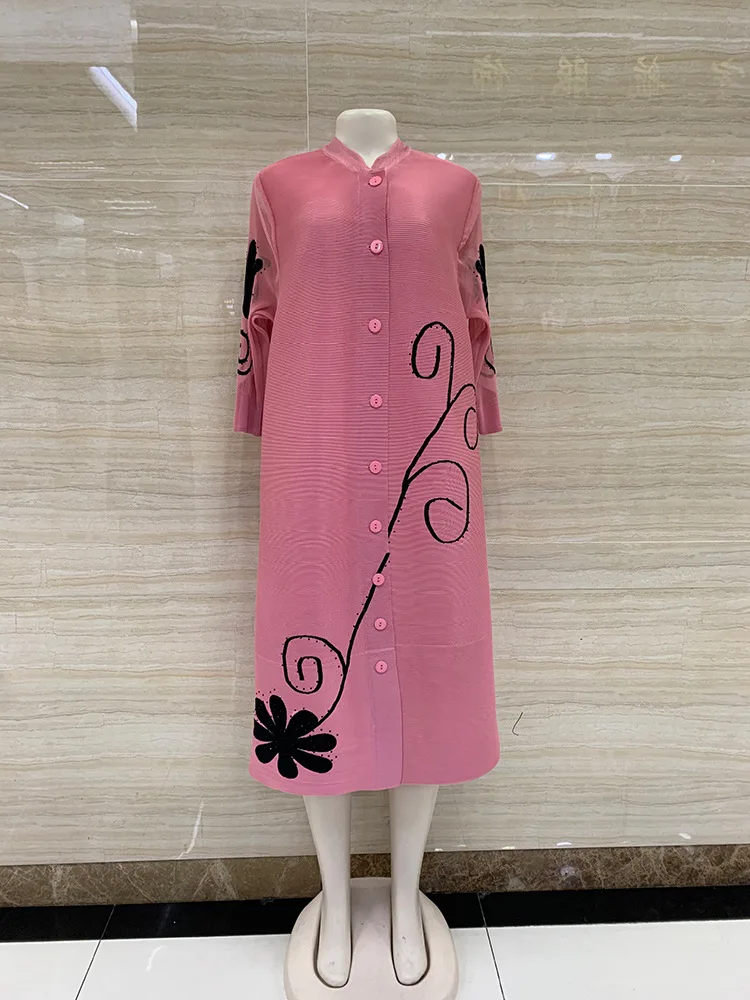 Korea Fashion Vintage Stretchy Pleated Single Breasted Ladies Cardigan Coat Women Free Size Loose A Line Rhinestone Casual Dress