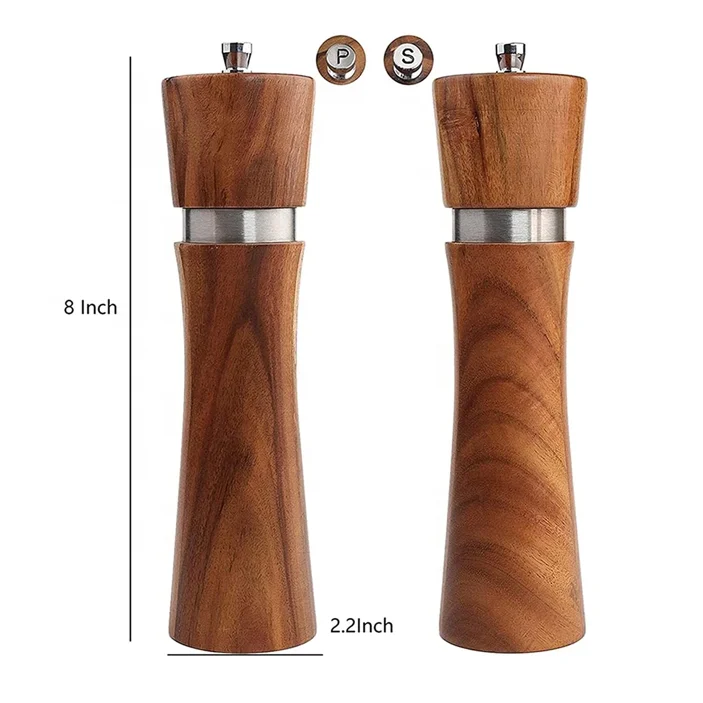 Adjustable Coarseness and Refillable Manual Acacia Pepper Mill Slim Wooden Salt and Pepper Grinder Set