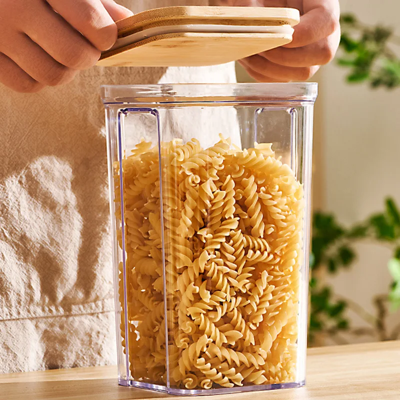 700ml Kitchen Stackable Square Food Storage Jars Bamboo Lid Plastic Square Airtight Food Container With Bamboo Lid