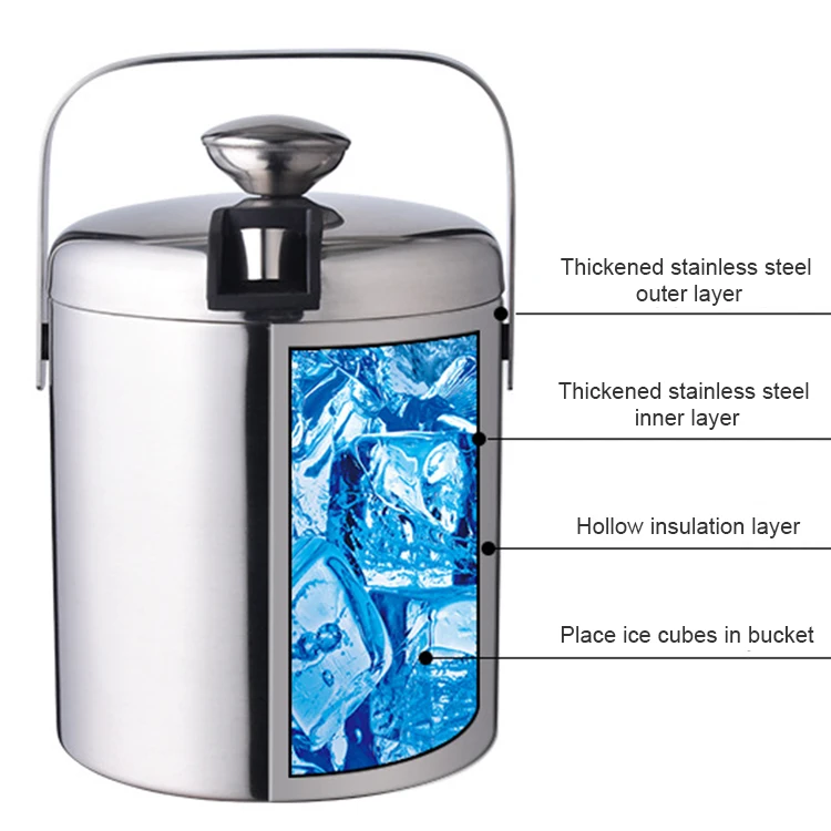 1.3L Insulated Stainless Steel Champagne Cooler Ice Bucket Set with Lid Scoop Tongs Strainer