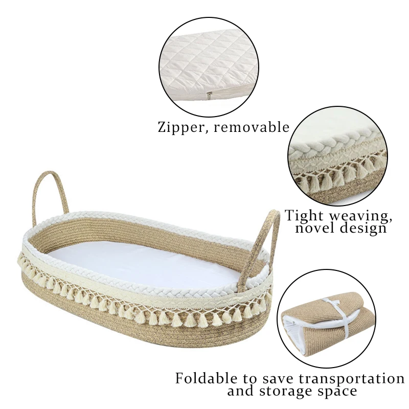 golden supplier household organic handwoven cotton rope basket baby changing basket with foam pad