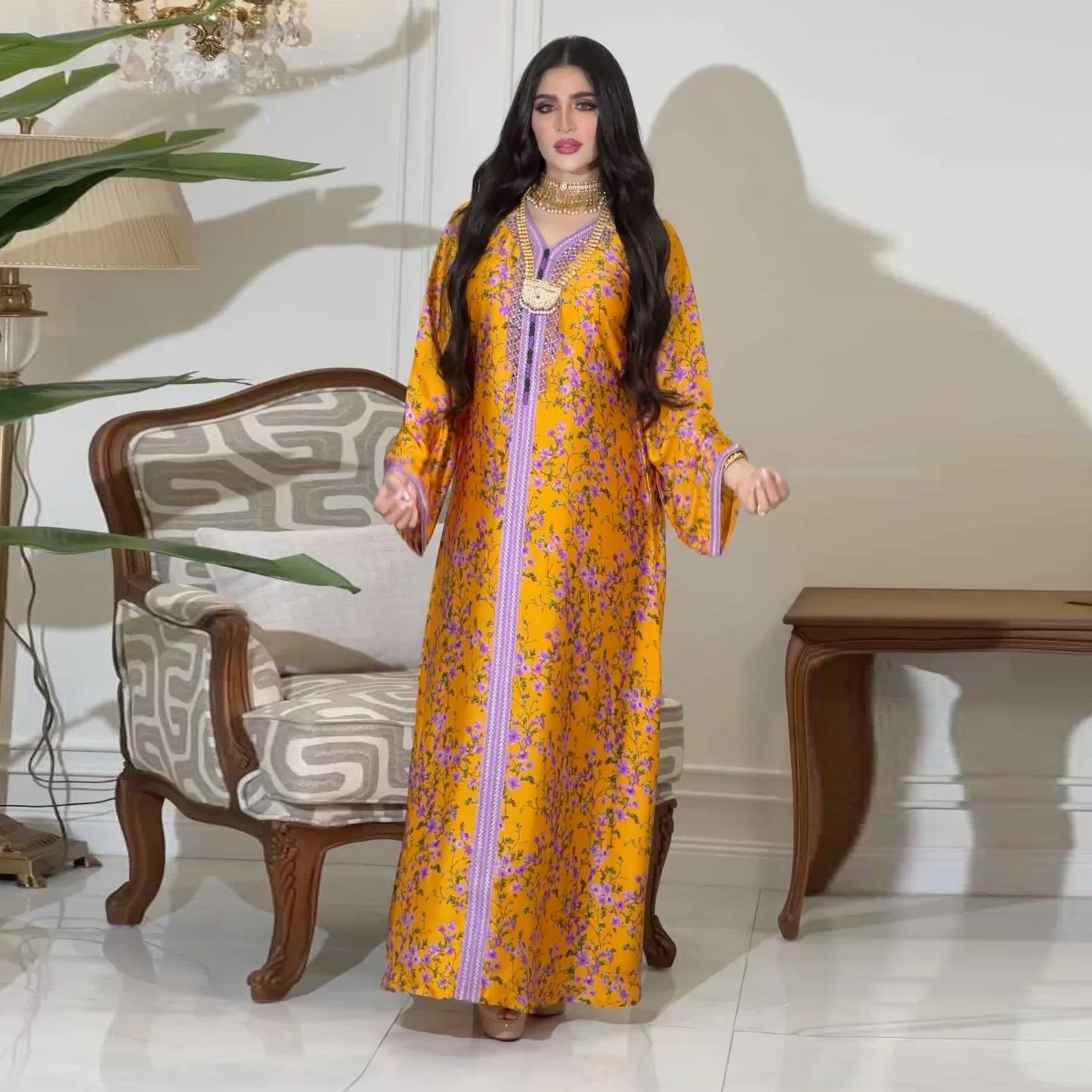 Evening Dresses Elegant Abaya Fashion Print Hot Diamond Dress Dubai Jalabiya Arabic Muslim Party Dresses islamic Design Kaftan