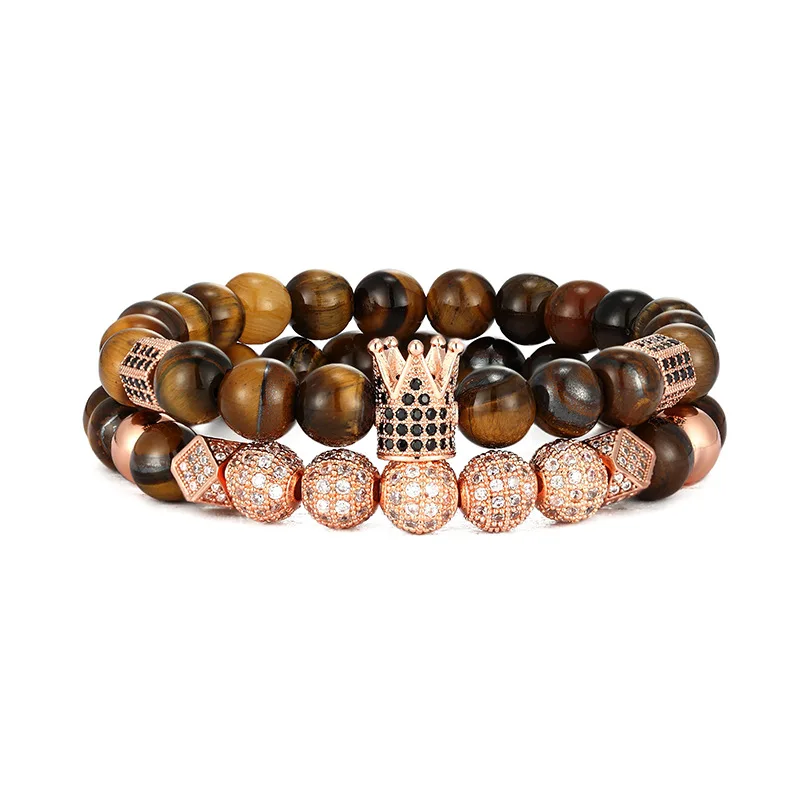 European Wholesale Luxury Handmade 2Pcs/Set Elastic Natural Tiger Eye Bead Micro Inlay Zircon Balls Crown Bracelet Set Men