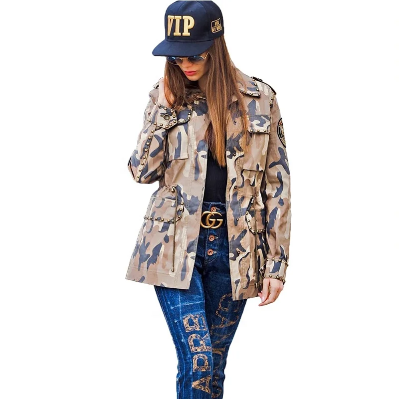 Women Fashion Military Camouflage Printed BF Coat Casual Overcoat Lightweight Studded Camo Jacket