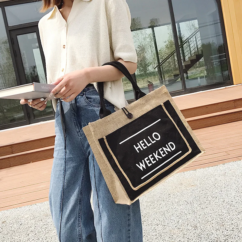 B168 Accept small qty natural and black burlap jute tote bag shopping with logo printed