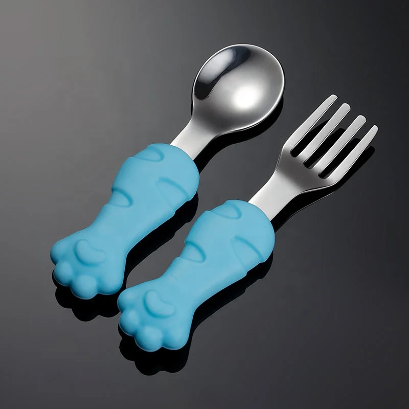 Wholesale food grade stainless steel kids baby tableware training children cutlery set baby fork and spoon with silicone handle