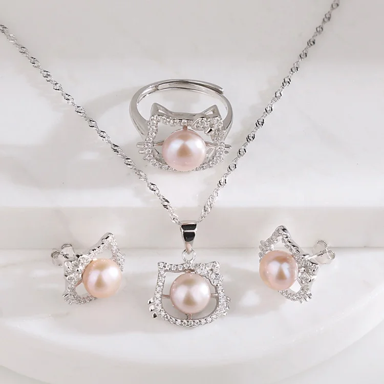 luxury high quality silver wedding hello kitty jewelry set fresh water pearl gemstone zircon necklace earrings ring jewelry sets