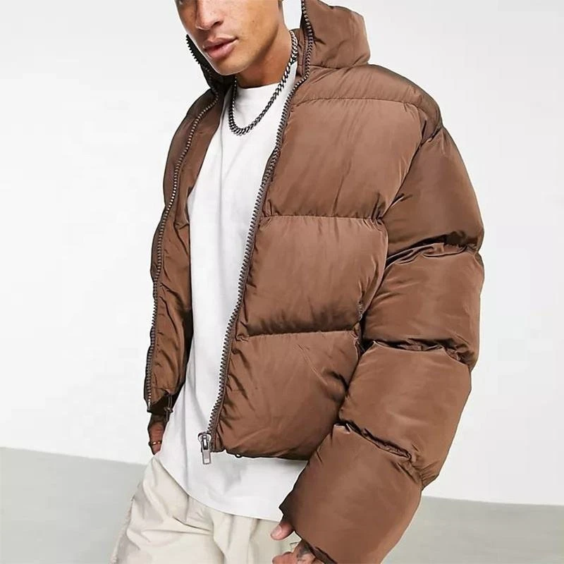 Custom Logo Plain Brown Workwear Thick Crop Top Unisex Padded Puffer Down Coat Jackets