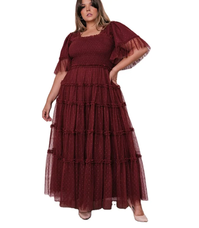 2024 Summer Elegant Fat Women Flutter Sleeve Tiered Smocked Lace Plus Size Ball Gown Wedding Maxi Dresses