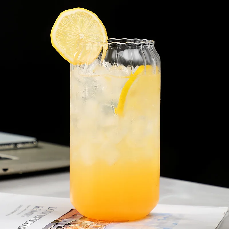 Ribbed Vertical Strips 16oz Can Shaped Glass Cups Beer Iced Coffee Drinking Glasses with Bamboo Lids Straw