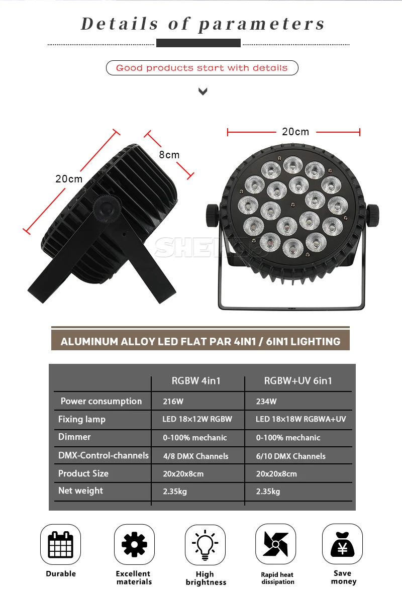 Aluminum Alloy RGBWA UV LED Flat Par 18x18W Lighting DJ Par Cans Dmx 512 Light Wash Stage Lighting for Church