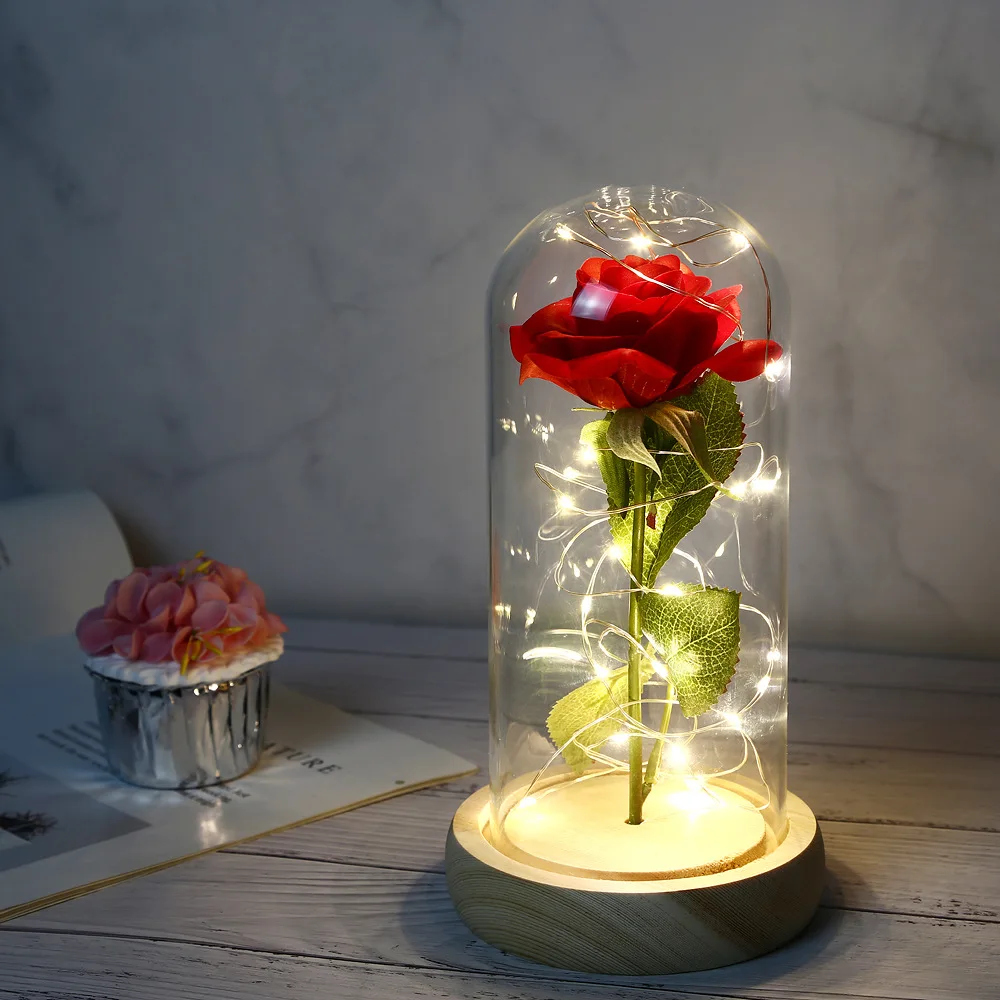 mothers day birthday gifts galaxy enchanted red rose silk rose under glass dome with Led light home office decor