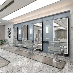 Scandinavian minimalist modern barber shop mirror, with LED lamp floor hairdressing mirror for hair salon