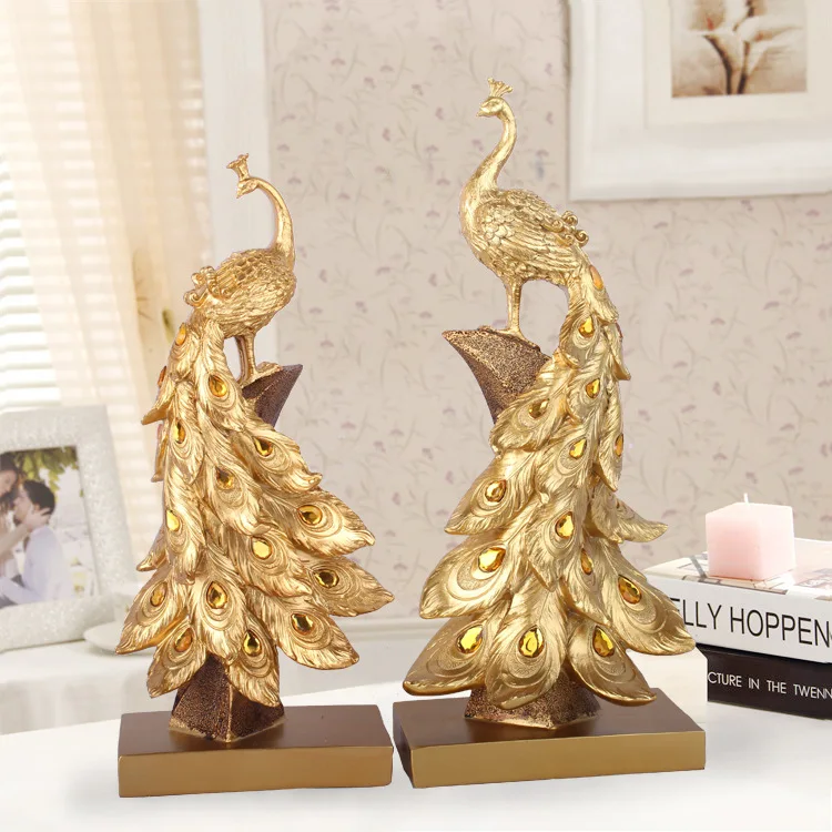 Dropshipping Resin Crafts Golden Blue Peacock Ornaments Wine cabinet Living Room Home Decoration Gifts Peacock Ornaments