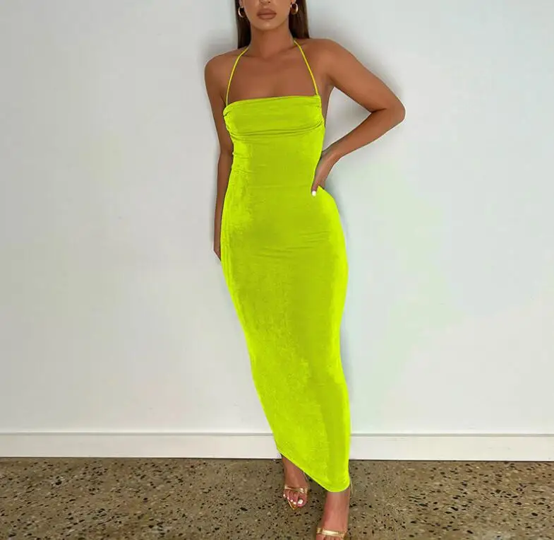 Fashion Design Women Elegant Solid Color Sleeveless Backless Sexy Dress Spaghetti Strap Party Clubwear Women Long Dress