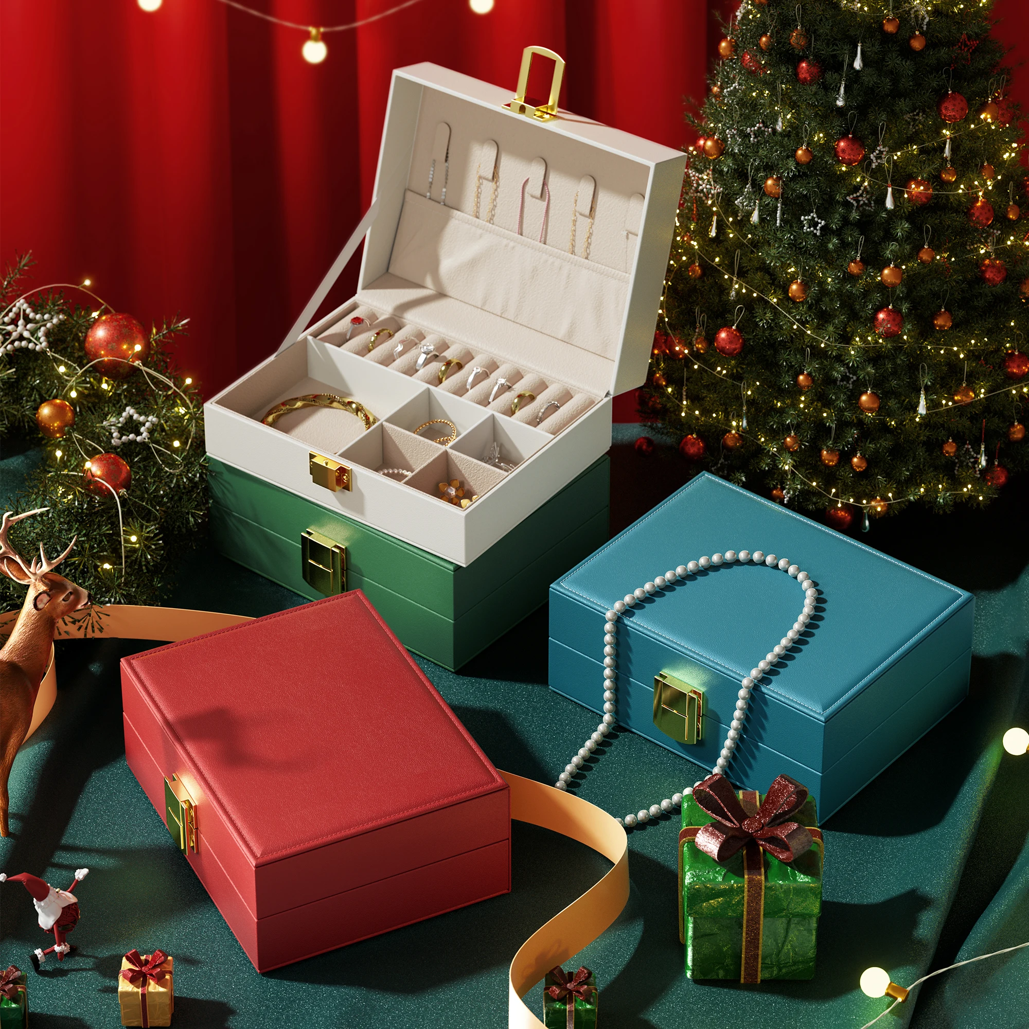 Factory directly sale red colors travel jewelry organisation box in stock PU leather jewelry organizer box storage plastic