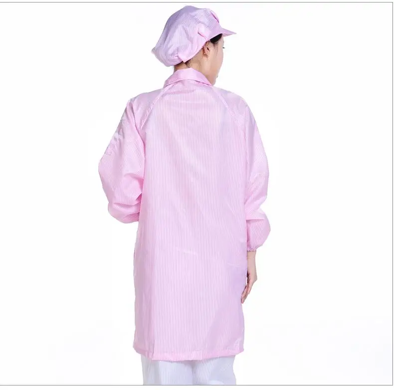 Dustproof 5mm Stripe Polyester Antistatic Work Uniform Cleanroom Smock Gown Reusable ESD Coat