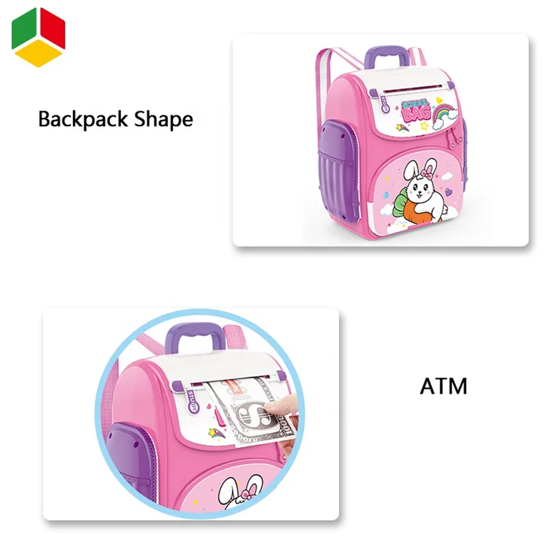QS Children Schoolbag ATM Deposit Money Simulation Fingerprint Identification Unlock Password Piggy Bank Safe Banking Toys