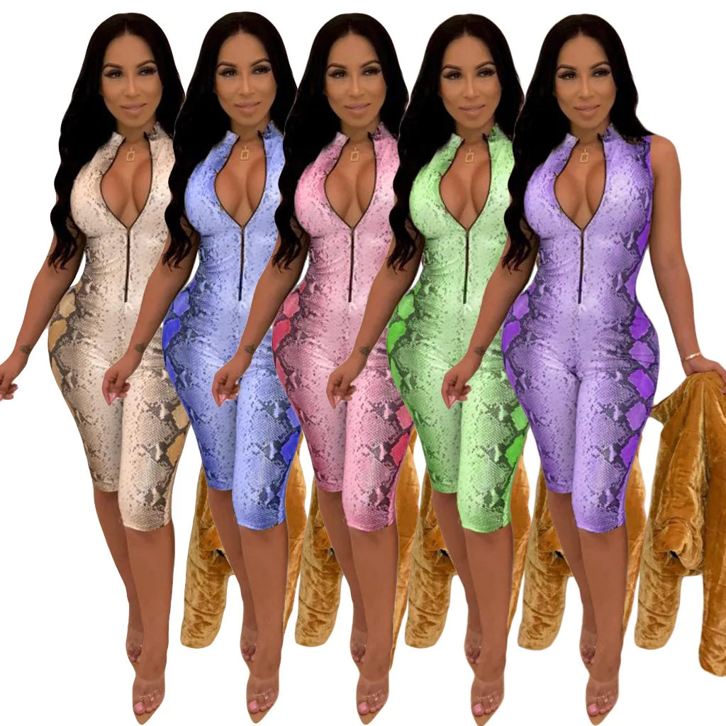 Hot Trendy  high quality Snake Print Romper Knee Length V Neck zipper front Stretchy women sexy bodycon jumpsuits and rompers