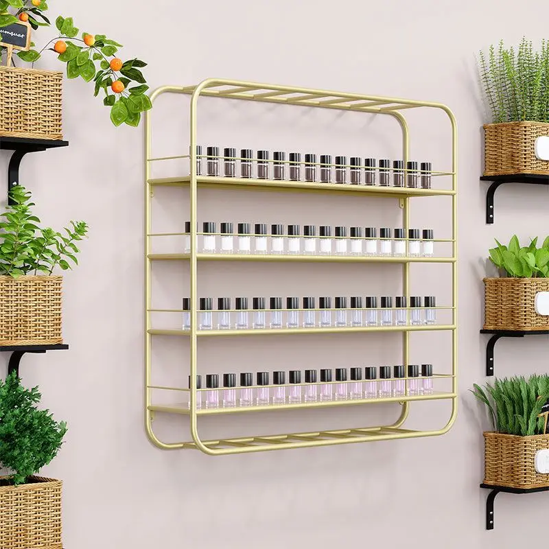 Wholesale Modern Luxury Wall Shelf Commercial Beauty Salon Furniture Manicure Nail Shop Iron Metal Storage Wall Display Rack