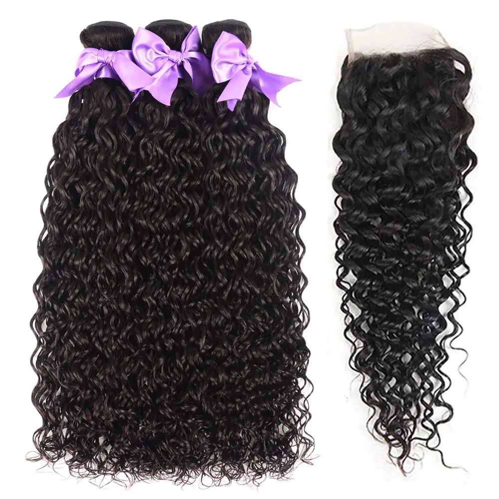 Water Wave 3 Hair Bundles with Closure Grade 12a Ocean Wave Peruvian Hair Bundles with Closure Wet and Wavy Human Hair Weave
