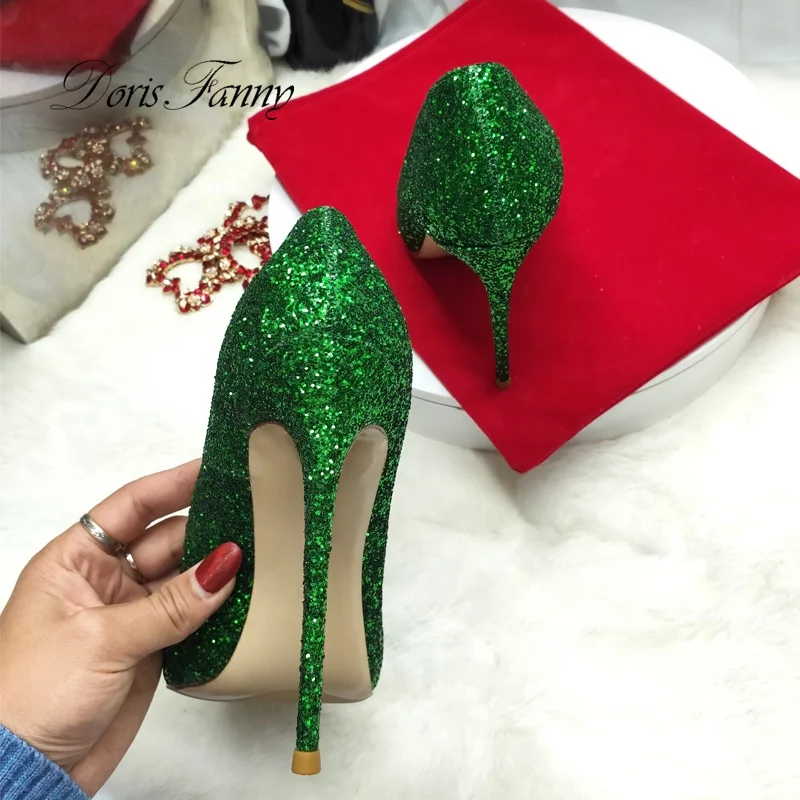 Hot selling green Glitter heels ladies shoes heel elegant Closed toe women stilettos  party Wedding shoes bridal heels size 43