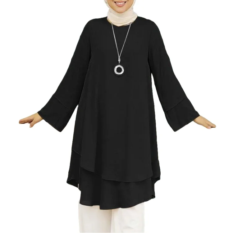 New two-layer design shirt round neck Solid color elegant Holiday party top Turkish Malay Indonesian Muslim Toga robe abaya