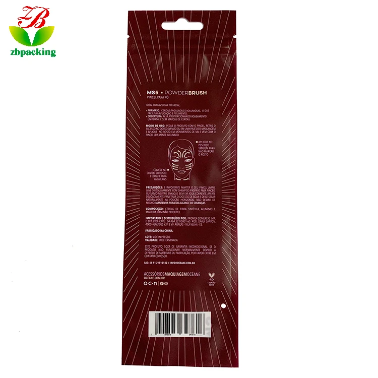 eco friendly  customize printing Front transparent cosmetic tool brush packaging plastic zipper bag