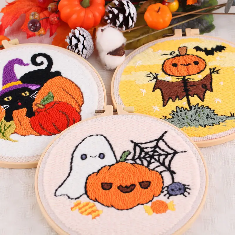 Halloween Punch Needle Kits for Beginner Embroidery Starter Kit Punch Needle with Punch Needle Fabric,Hoops,Yarns,Sewing Needles