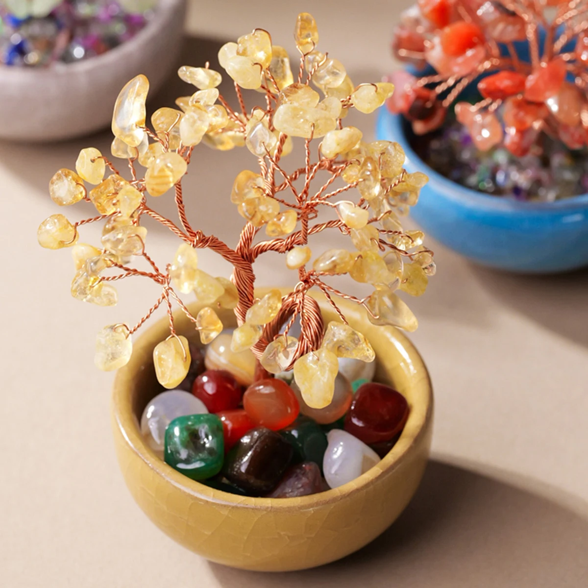 Bulk Natural Crystal Healing Stones Trees Ceramic Bowl Fill Agate Bases Fortune Crystal Trees For Decor
