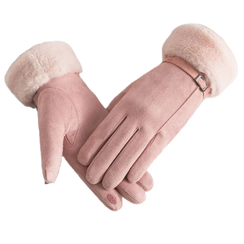Зимние женские двойные толстые плюшевые теплые кашемировые милые велосипедные варежки на запястье замшевые кожаные перчатки для вождения с сенсорным