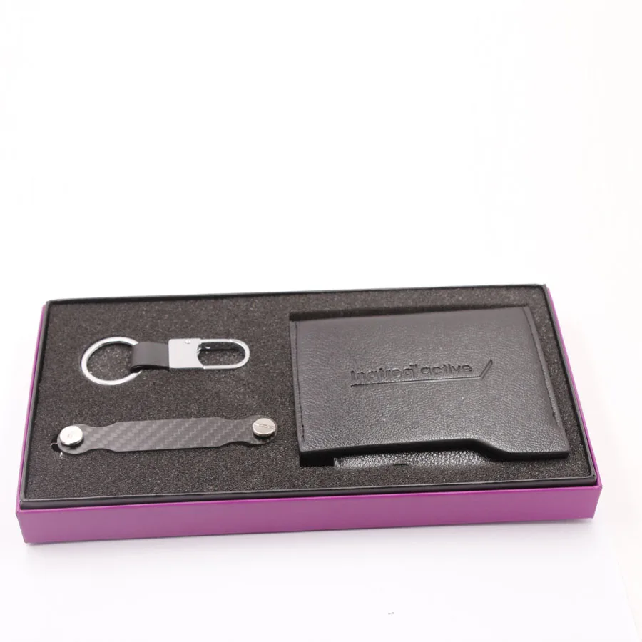 Compact Carbon Keychain organizer Holder Real Leather Man Wallet Gift Set
