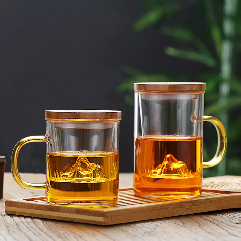 High Borosilicate Three piece Glass Tea Separation Cup with handle and Bamboo Lid