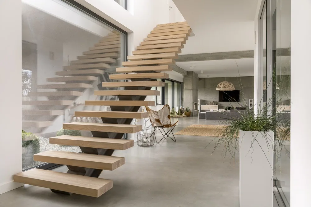 Interior Invisible Stringer Floating Stairs With 40mm Oak Wood Tread and railing