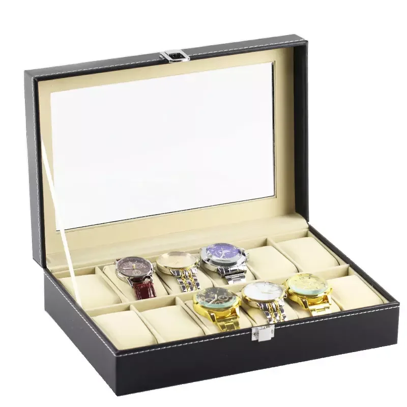 wholesales 12 slots watch box with cover open window display watch display box storage wrist watch leather case jewelry case