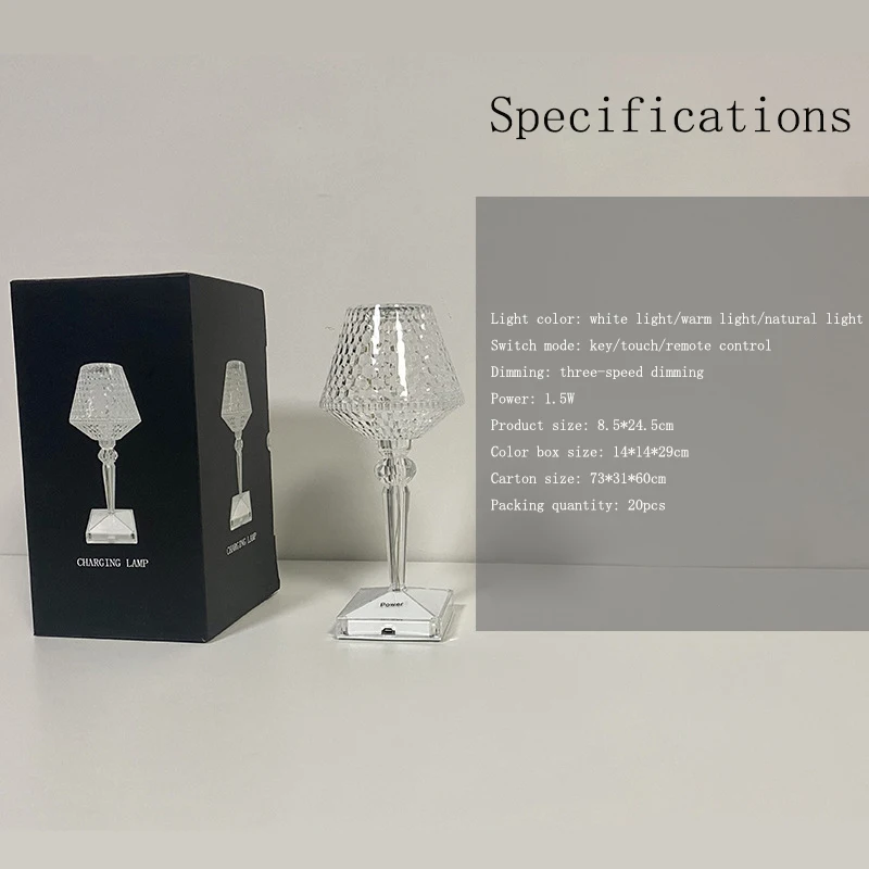 2022 Wholesale High quality Bedroom Portable Night Light Wireless Rechargeable LED Crystal Reading Table Lamp