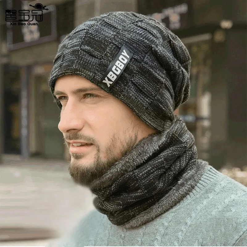 Soft Thicken Wool Ski Hat Men Warm Hats Neck Warm Winter Wool Hat Set Women Men Beanie Knitted Cap Scarf Set