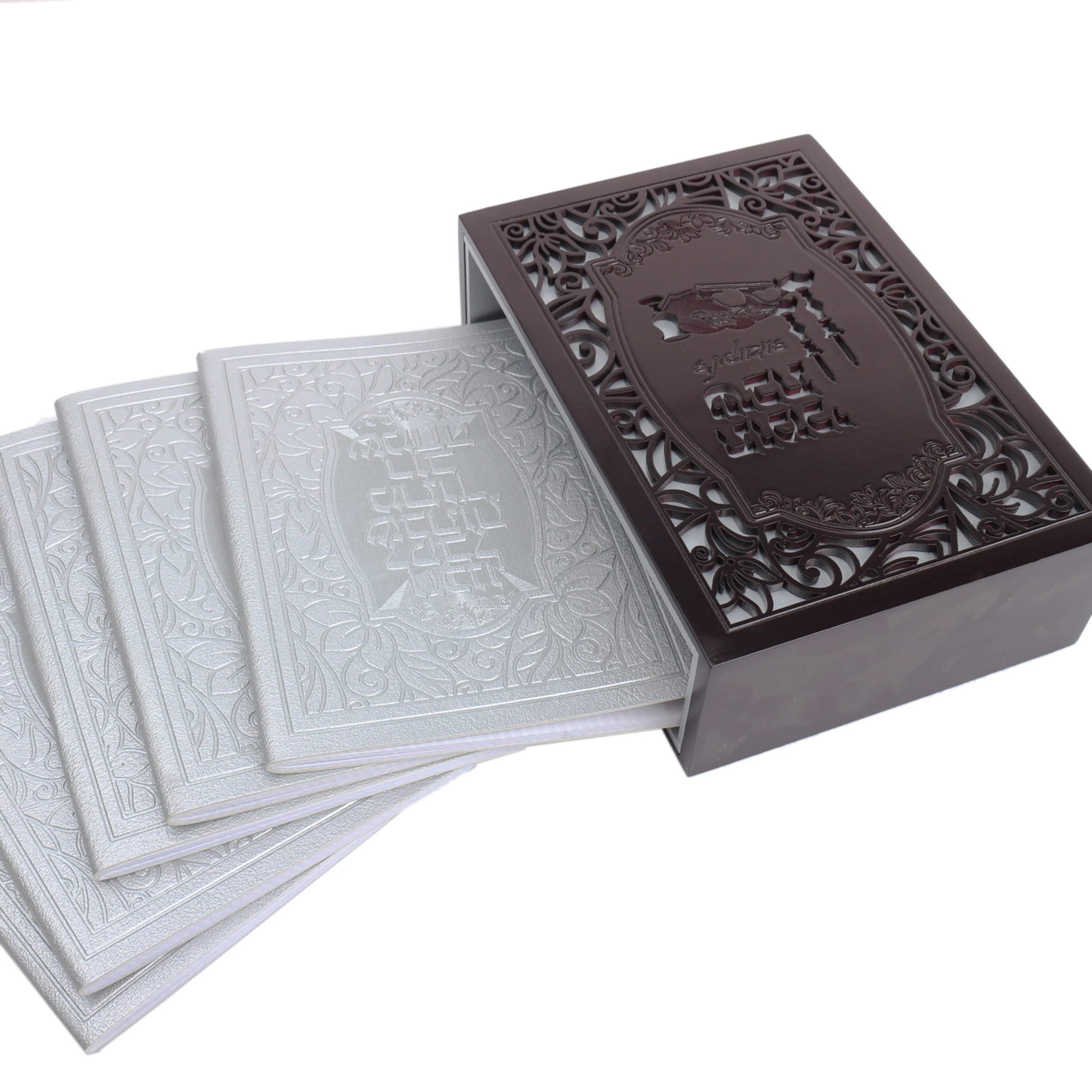 Luxury style Book Box Hebrew book set printing and binding in engraved wooden sleeve