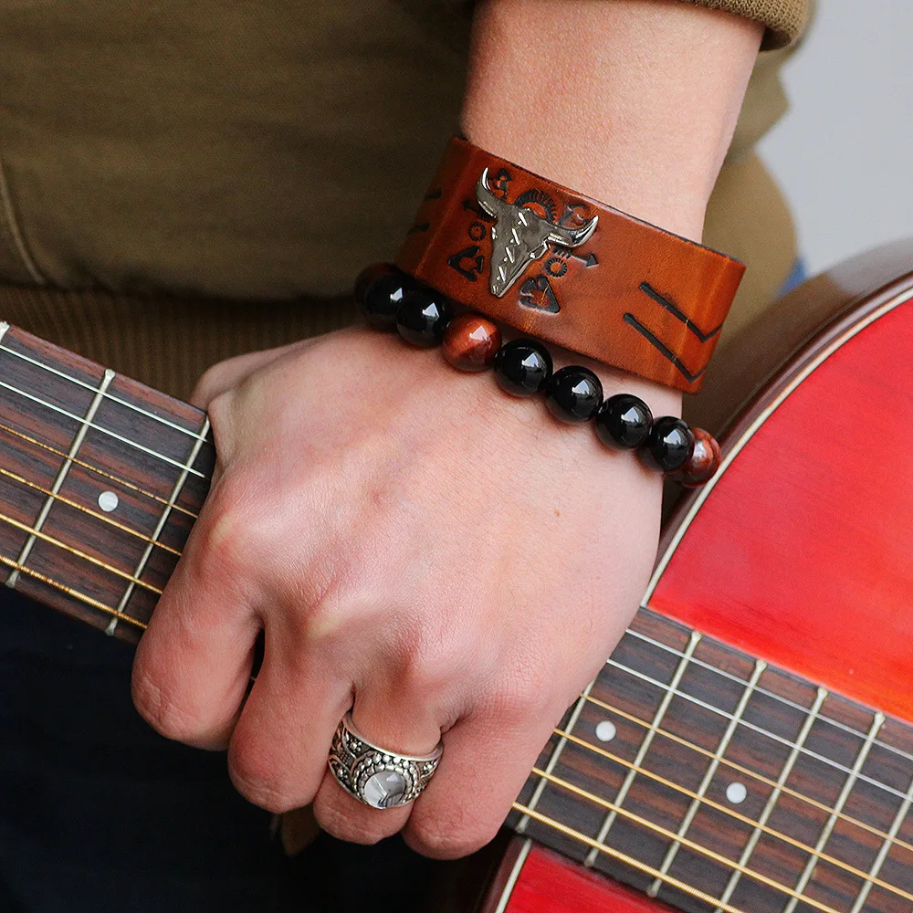 Europe And The United States  Men Leather Alloy Bull Head Punk Wide Leather Orange Bangle & Bracelet