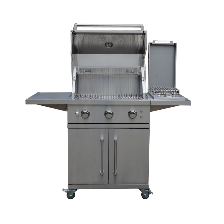 Barbecue Gas Grill High End Stainless Steel 3 Main Burners Stainless Steel Barbecue Grill Outdoor Trolley