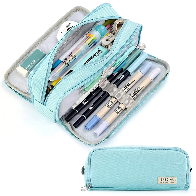 BEYOND Big Capacity pencil bag,3 Compartments zipper canvas storage pouch marker pen kids school pencil case for girls kids