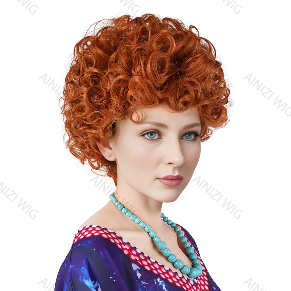Ainizi red brown curly Mrs Roper cosplay wig for old ladies
