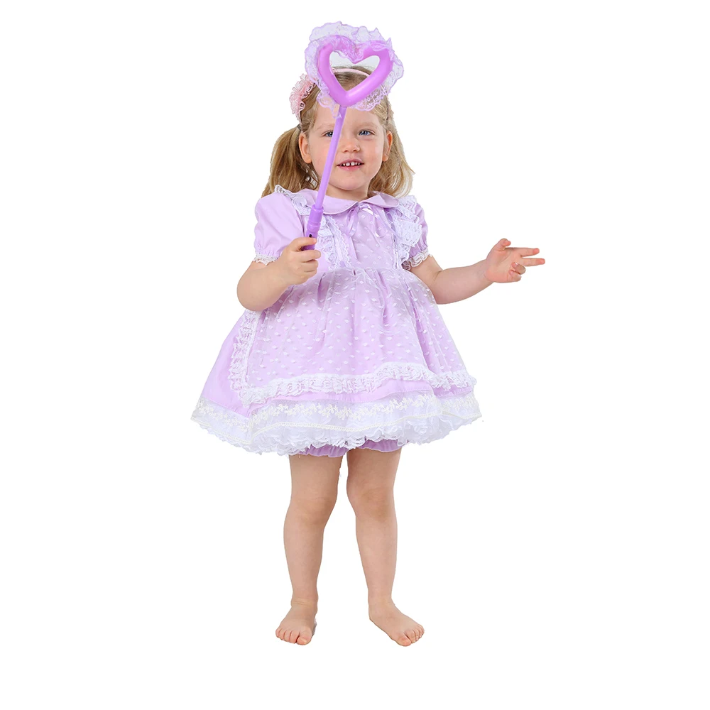 JannyBB boutique children lavender dress with white swiss dots + lavender sash + lavender collar