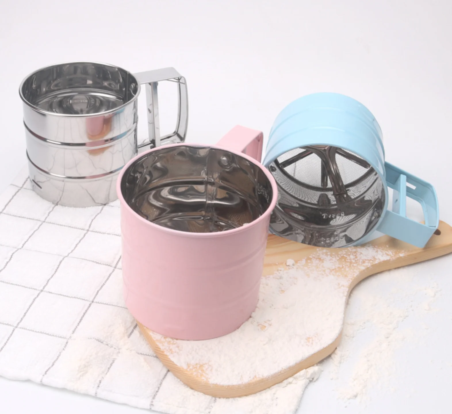 Professional s/s round strainer flour sifter / flour sieve for kitchen hand pressure sifter flour sifter baking tools for bake