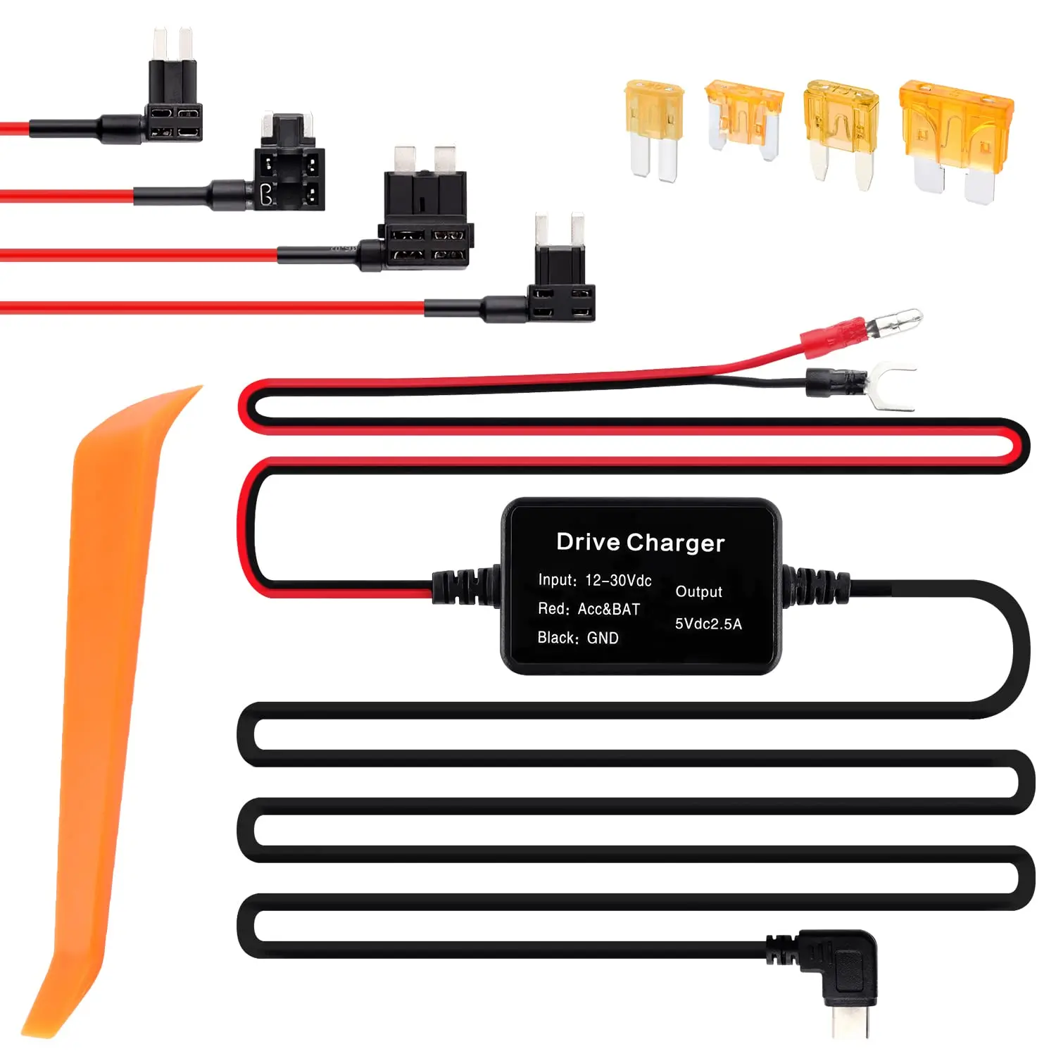 USB C Dash Cam Hardwire Kit 12V-30V to 5V 2.5A Dash Camera Charger Power Supply with 4pcs 16amg Car Fuse Tape 5B Blade Fuse